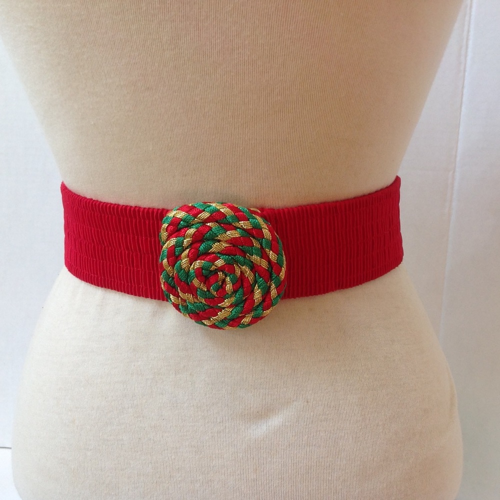 Vintage Christmas Holiday Red Belt Buckle Stretch